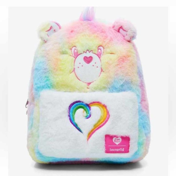 Care Bear Loungefly Fuzzy Pastel Backpack Bag Purse Hot Topic New Tags - Picture 2 of 4
